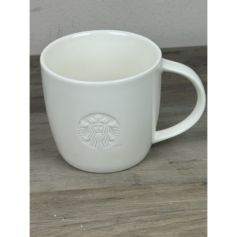 STARBUCKS 2010 Embossed Siren Mermaid Logo White Mug Cup S HTF